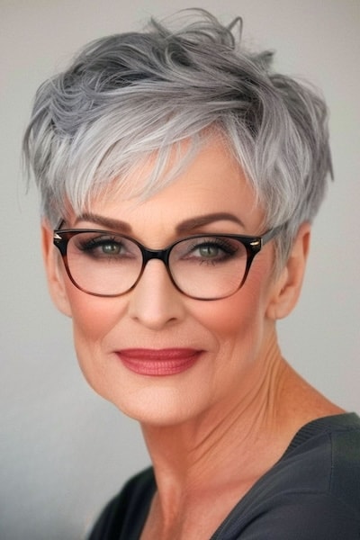 Feathered silver pixie on woman in her 50s with glasses.