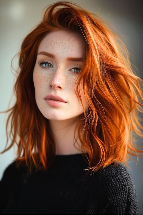 Fiery red copper wavy layers medium-length haircut.