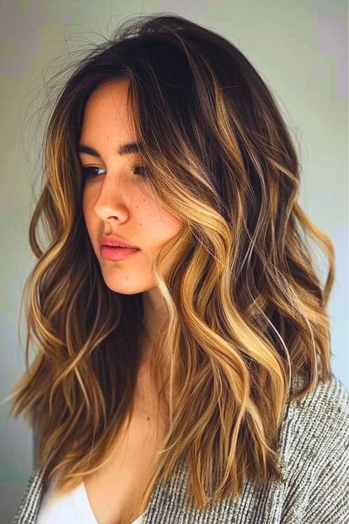 French Roast hair with caramel blonde highlights.