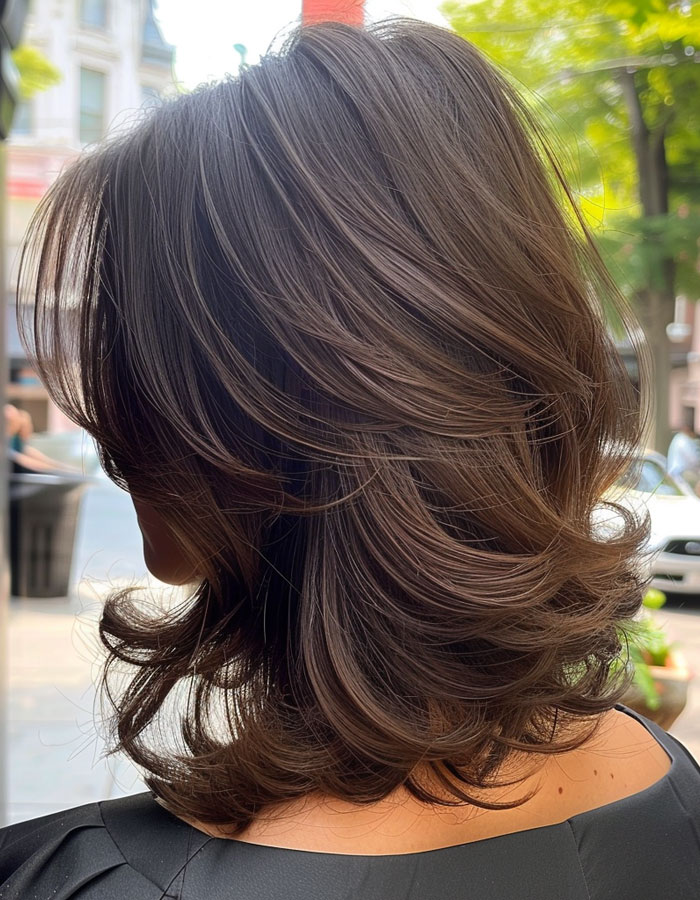 Glossy Brunette Layers, medium-length hairstyle