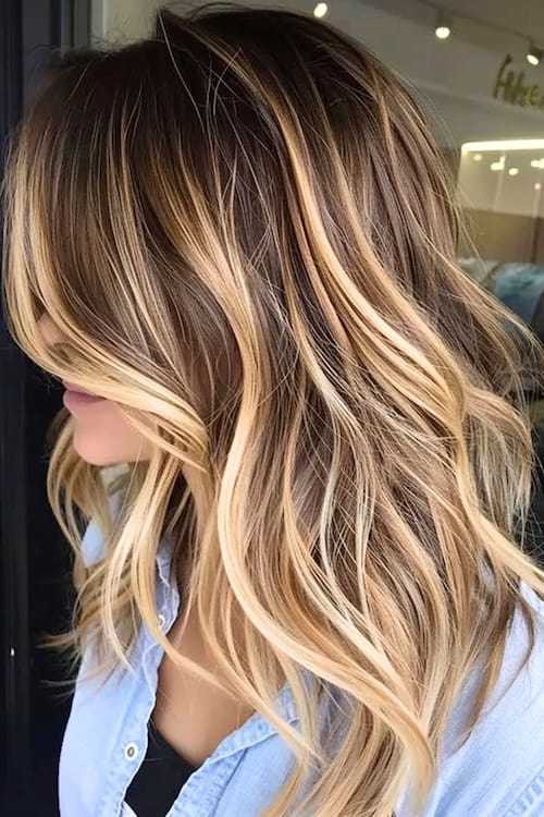 Golden blonde highlights on chestnut dark brown hair.