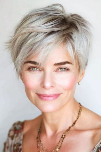 Gray Ash Blonde Pixie Hairstyle on a smiling woman with blonde hair.