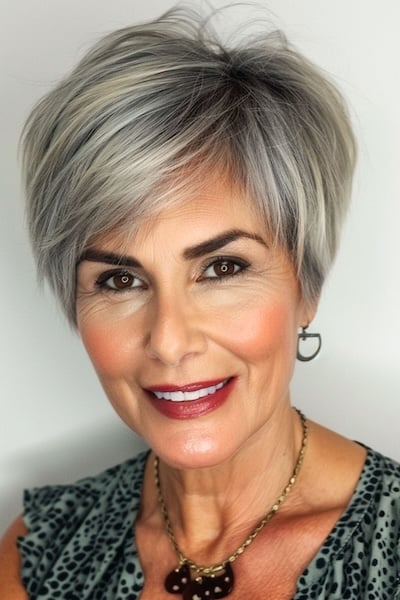 Gray pixie with side swept bangs for women in their 50s.