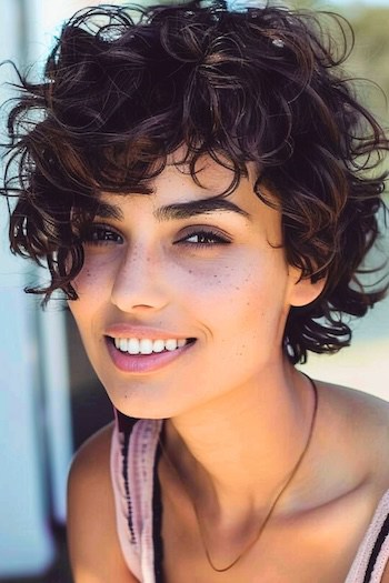 Grown-out Pixie with Long Bangs Short Curly Hairstyle.