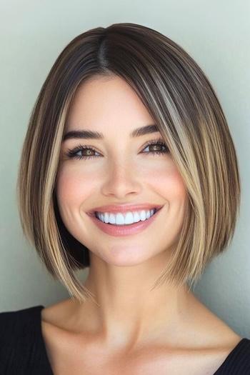 Highlighted Blunt Bob Haircut on a smiling woman with brown hair and highlights around her face.