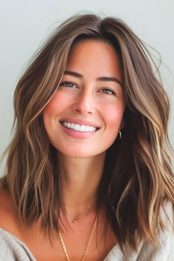 Highlighted Long Layers Hairstyle on smiling woman with brown hair.