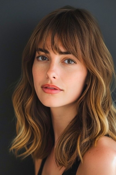 Highlighted Waves with Bangs Medium-Length Hairstyle with Bangs.