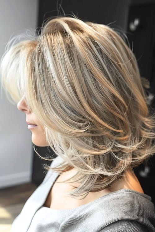 Honey and ash blonde layered lob hairstyle.