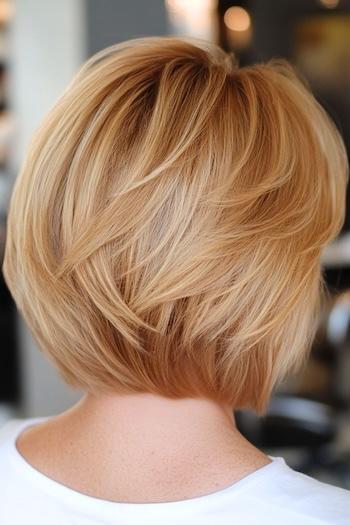 Honey Blonde Layered Bob on a woman with straight blonde hair, back view in salon.