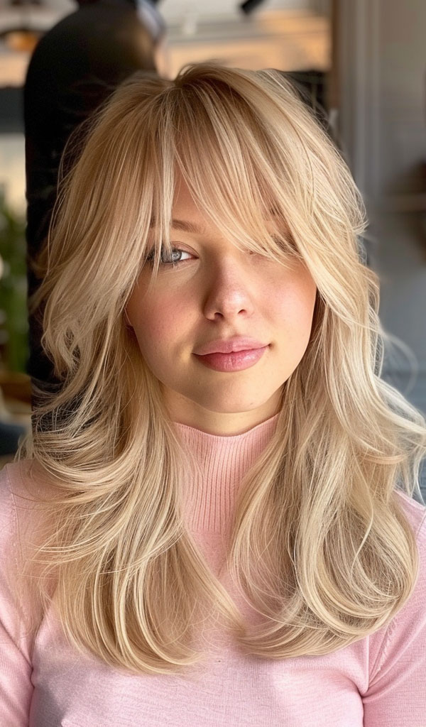 Honey Blonde Long Layers with Soft Fringe