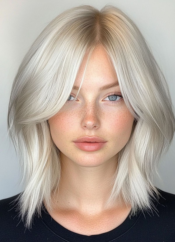 Icy Blonde Blunt Layers, medium-length hairstyle