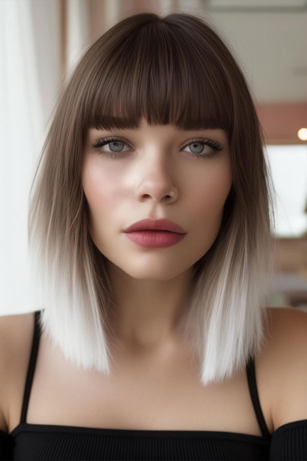 Icy Ombre long bob, lob haircut with bangs