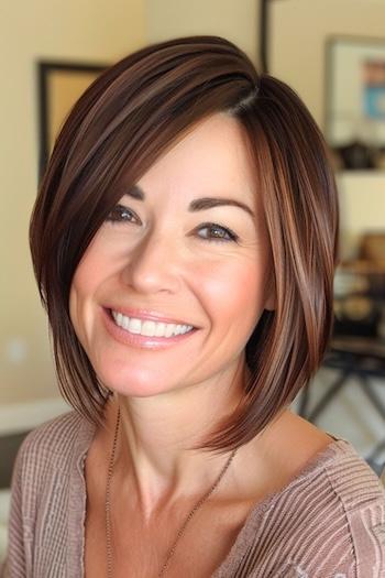 Inverted Bob with Side Bangs Hairstyle on a smiling woman with brown hair.