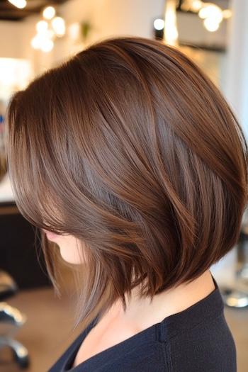 Inverted Layered Bob Haircut on a woman with chocolate brown hair, side view.