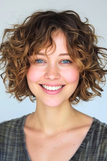 Jaw-Length Tousled Bob Short Curly Hairstyle.