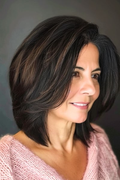 Layered Bob with Balayage Highlights Hairstyle for Women Over 50.