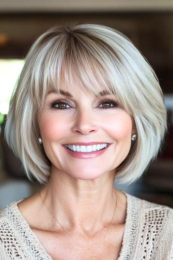 Layered Bob with Bangs for Thick Hair Haircut on a smiling woman with blonde hair.