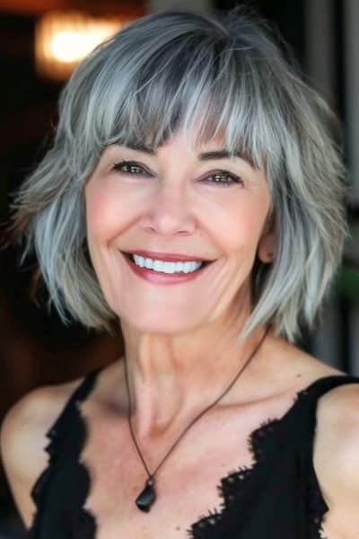 Layered Bob with Bangs Hairstyle for Women Over 50.