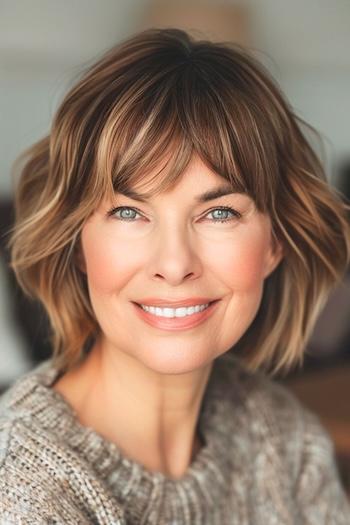 Layered Bob with Bangs Hairstyle on a smiling woman with brown hair and blonde highlights.