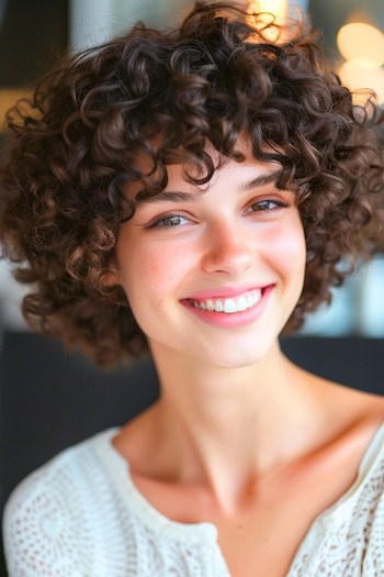 Layered Bob with Bangs Short Curly Hairstyle.