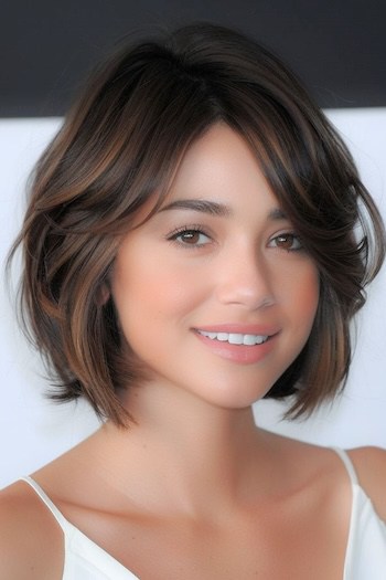 Layered Bob with Curtain Bangs Short Layered Haircut.