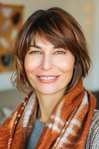 Layered Bob with Feathered Bangs Hairstyle on a smiling woman with highlighted brown hair.