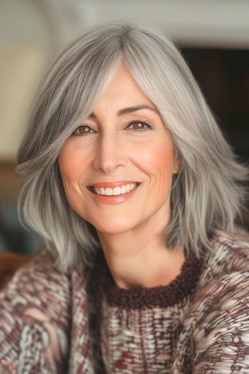 Layered Bob with Long Side Bangs Hairstyle on a smiling woman with fine silver gray hair.