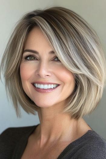 Layered Bob with Side Swept Bangs Haircut on a smiling woman with highlighted brown hair.