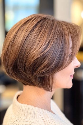 Layered Bob with Subtle Highlights Haircut on an older woman with brown hair, side view.