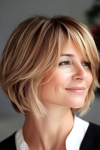 Layered Choppy Bob with Bangs Hairstyle on a smiling woman with light brown hair, side view.