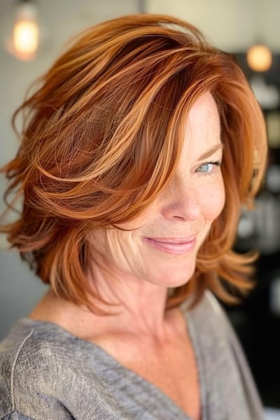 Layered Copper Bob Hairstyle for Women Over 50.