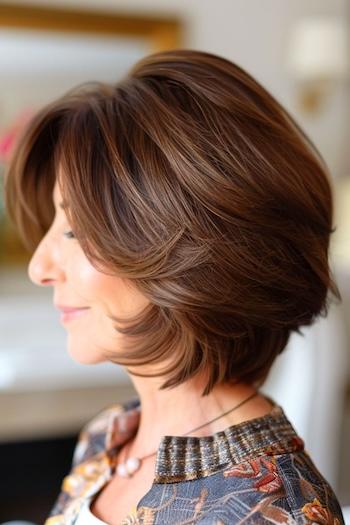 Layered Feathered Bob Haircut on an older woman with brown hair, side view.