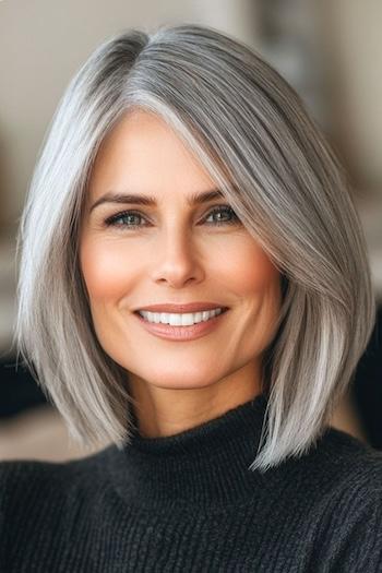 Layered Lob (Long Bob) with Side Part Haircut on a smiling woman with medium gray hair.