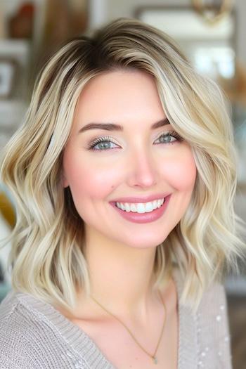 Layered Long Bob Haircut on a smiling woman with blonde hair and dark roots.