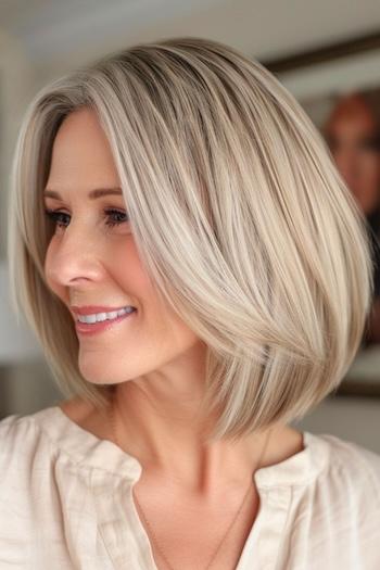 Layered Long Bob Haircut on a smiling woman with blonde hair, side view.