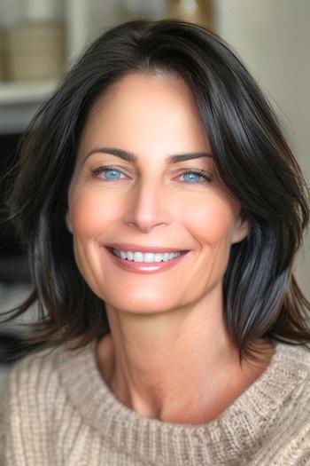 Layered Long Bob Hairstyle on a smiling woman with dark brown finely textured hair.