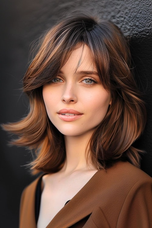 Layered long bob medium-length haircut.