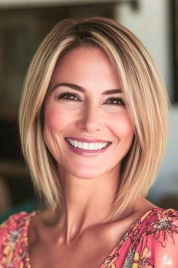 Layered Long Bob with Blunt Ends Haircut on a smiling woman with honey blonde hair.