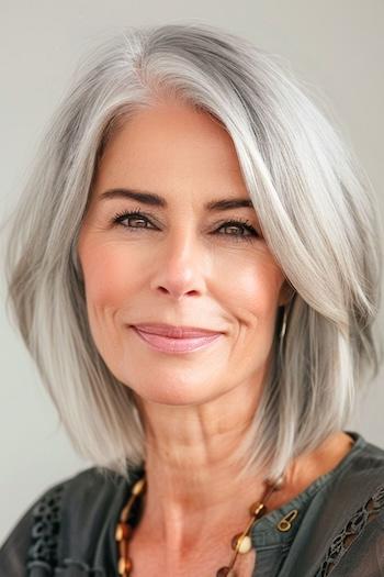 Layered Long Bob with Side Part Haircut on an older woman with silvery gray hair.