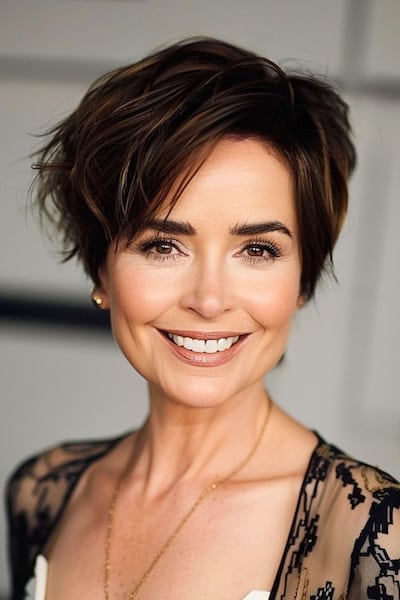 Layered pixie with side part on woman in her 50s.