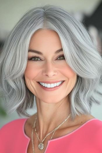 Layered Wavy Lob (Long Bob) Haircut on a smiling woman with gray hair.