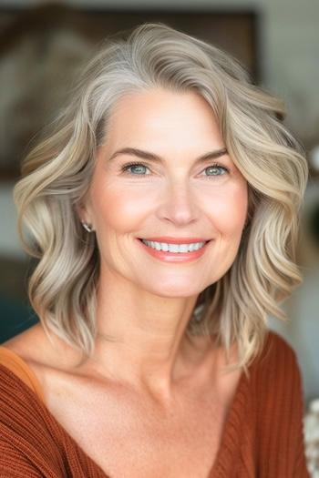 Layered Wavy Long Bob Hairstyle on a smiling older woman with blonde hair.