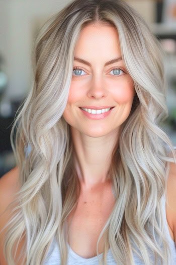 Light Ash Blonde Loose Waves Hairstyle on a smiling woman with blonde hair.