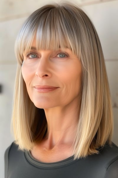 Lob with Blunt Bangs Hairstyle for Women Over 50.