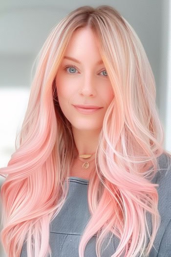 Long Blonde Hair with Pink Tips Pink Hair Color Idea.