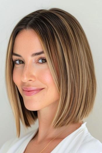 Long Blunt Bob Haircut on a smiling woman with brown hair and blonde highlights.