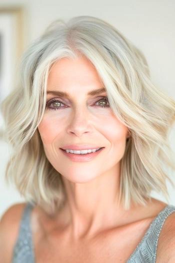 Long Blunt Silver Wavy Bob Haircut on an older woman with gray hair.