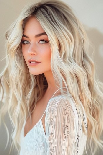 Long Boho Platinum Waves with Dark Roots.