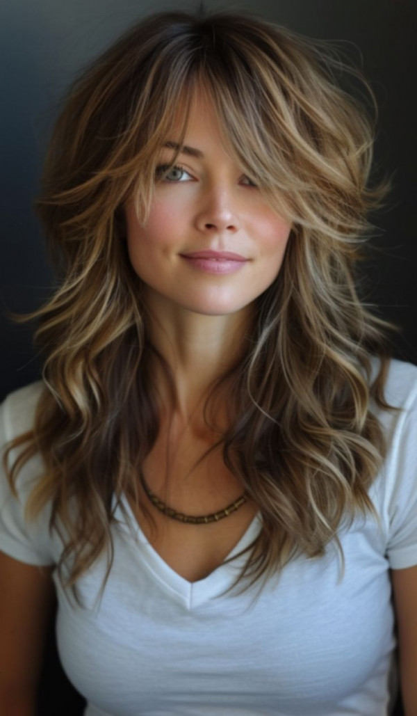 long layered haircut with wispy curtain bangs