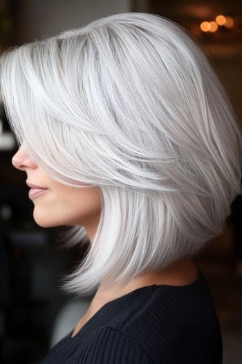 Long Layered Silver Bob Haircut on a woman with silver gray hair.